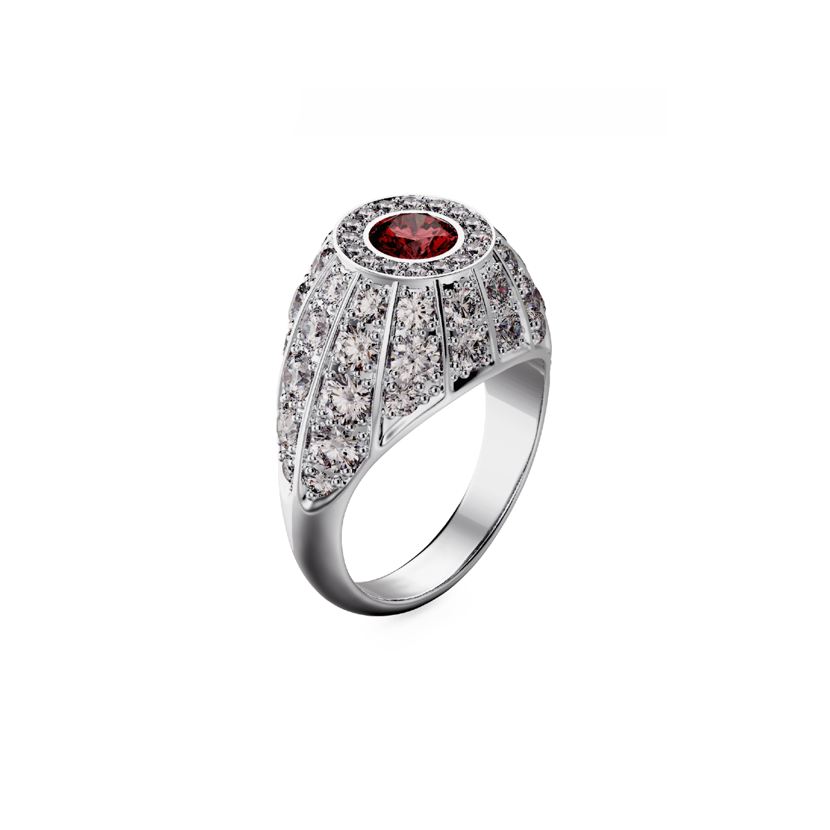 Bombé pavé-diamond ring with a rose-cut ruby centre stone